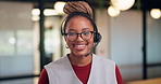 Call center, face and black woman in office with headset for online consulting, help and contact us. Happy, business and portrait of person smile for virtual assistance, customer service and support