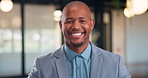 Smile, corporate and face of business black man in office for about us, real estate agent and pride. Property development advisor, confidence and professional consultant with employee in agency