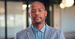 Black man, face and arms crossed at office with confidence for career, pride and real estate development. African person, realtor and property investor in portrait in hallway at agency in Nigeria