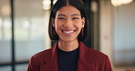 Smile, professional and face of business woman in office for about us, real estate agent and pride. Property development advisor, confidence and consultant with female employee in agency as realtor