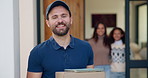 Face, box and smile with delivery man at front door for shipping, tablet or distribution. Digital signature, package and courier service with person at house for customer shipment, parcel or about us