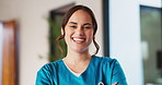 Happy, woman and face of nurse in hospital with confidence for medical career with service. Smile, professional and portrait of female healthcare worker with pride for job about us in clinic.