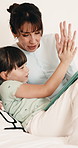 High five, mom and child in home with tablet for online games, internet or streaming together. Family, celebration and woman with girl on digital tech for entertainment, videos and bonding on weekend