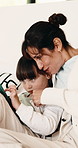 Relax, mother and child on sofa with tablet for online games, internet or streaming together. Family, home and woman with girl on digital tech for entertainment, videos and bonding on weekend