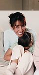 Love, parents or kids in bedroom with face, bonding together or fun time for child growth. Happy, portrait or family in home with laugh, healthy relationship or connection for childhood development.