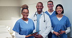 Face, medical team and people in office, smile and about us with tablet in clinic for cardiology. Portrait, collaboration and healthcare workers in hospital with pride, doctor and happy nurses