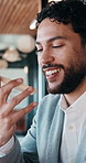 Business, man and speaker phone in office for voice memo, reminder and speech to text app. Administrator, mobile and talking in workplace for agenda update, audio message and calendar planning