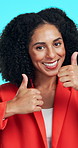 Face, business and woman with thumbs up in studio for winning, agreement and good job for success. Positive feedback, portrait and employee laugh with yes sign for approval, smile and blue background
