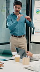 Finance, whiteboard and businessman with graph in meeting for market analysis, profit and budget. Corporate, talking and speaker with team with statistics, chart and financial report for sales growth