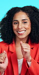 Dance, energy and face with happy woman in studio for celebration, motivation or satisfaction. Excited, music and smile with African person on blue background for goals, success or target as winner