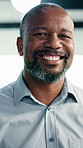 Business, face and smile of black man in office for management of corporate company. About us, experience and satisfaction for mature CEO in professional workplace for executive ambition or career