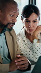 Meeting, reading or business people with laptop for  planning, discussion or press release statement. Office, mature and public relations team with research for company perception, smile and computer