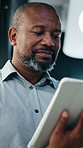 Review, business or black man with tablet in office, asset valuation or research for economic trends. Smile, tech or mature investment analyst with cash flow evaluation, below or profit projection