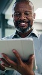 Reading, business or black man with tablet in office, asset valuation or research for economic trends. Smile, tech or mature investment analyst with cash flow evaluation, below or profit projection
