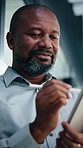 Writing, business or black man with tablet in office, asset valuation or research for economic trends. Smile, tech or mature investment analyst with cash flow evaluation, review or profit projection