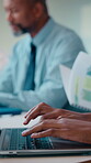 Typing, hands and employee with laptop in office, risk assessment and investment updates on website. Coworking, colleagues and person with tech for data entry, online and financial report in business