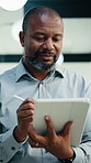 Walking, business or black man with tablet in office, asset valuation or writing for economic report. Smile, tech or mature investment analyst with cash flow evaluation, review or profit projection
