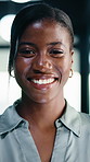 Face, black woman and lawyer with smile in office for career pride, about us and legal representative. Portrait, female attorney and ambition for corporate law, positive attitude and justice services