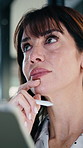 Thinking, business and woman on tablet in office for finance review, proposal and research. Financial advisor, stylus and person on digital tech for planning, budget report and investment strategy