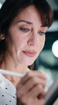 Thinking, office and woman on tablet with stylus for finance review, proposal and research. Financial advisor, business and person on digital tech for planning, budget report and investment strategy
