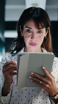 Tablet, walking and businesswoman in office with research for property listings on housing market. Digital technology, professional and female real estate agent with online contract in workplace.