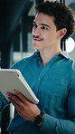 Man, thinking and research in office with tablet, planning project and check software for web design. Person, vision and scroll in business with tech, idea and digital designer for site development.