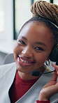 Call center, headset and face of black woman in office for online consulting, contact us and help. Crm, agent and portrait of person with smile for customer support, virtual assistance and advice