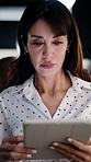 Businesswoman, walk and reading in office with tablet, problem solving and accountant check report. Coworking, mature person and review audit in workplace with tech, risk management and accounting.