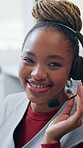 Call center, laugh and face of black woman in office for online consulting, contact us and help. Crm, headset and portrait of person with smile for customer support, virtual assistance and advice