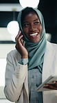 Walking, tablet or black woman with phone call in office, capital negotiation or investment proposal. Smile, tech and business person with hijab for funding discussion, contract feedback or reading