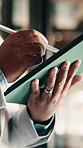 Editing, tablet and hands in workplace with stylus, online writing and planning of brand design. Digital, man and marketing specialist with tech, creative insight or logo review in virtual project.