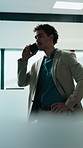 Window, talking or businessman with phone call in office, capital negotiation or investment proposal. Laugh, stocks value or investor with mobile for equity stake discussion, happy or funding update
