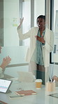 Applause, presentation and businesswoman in office for meeting with planning finance report. Whiteboard, clapping and female financial manager with investors for discussion on investment proposal.