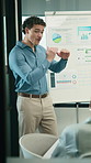 Presentation, whiteboard and man with chart in meeting for market analysis, profit growth and budget. Business, talking and speaker with statistics, graph and financial report for sales workshop