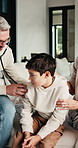 Mother, family doctor or stethoscope on sick child in home visit for heart health, exam or diagnosis. Healthcare, kid and pediatrician with breathing assessment for lung wellness, illness or support