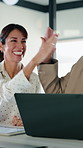 High five, laughing and laptop with business people in office together for financial meeting. Computer, funny and success with mature management team in workplace for finance or investment growth