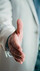 Person, meeting and POV handshake for agreement, partnership or investment deal. Welcome, introduction or entrepreneur shaking hands for investor, stakeholder or business owner with negotiation
