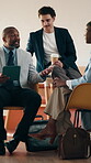 Business, people and meeting in cafe with tablet, discussion and advice for agency startup. Professional, team and leader with project proposal, strategy or explaining on digital tech in coffee shop
