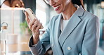 Phone, happy and businesswoman in cafe with typing for email, texting or finance update on app. Cellphone, remote work and financial manager with online feedback on investment growth in coffee shop.