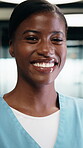 Happy, nurse and face of woman in hospital for medical service, internship and career. Healthcare, clinic and portrait of African person with pride for wellness support, medicare or professional care