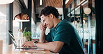 Eye strain, glasses or man in agency with laptop, headache or vision discomfort with brain fog. Screen fatigue, eyewear or person in office with tech, migraine pressure or sore head with dizziness.
