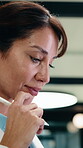 Thinking, woman and happy with tablet in office for draft review, story hook and article approval. Editor, mature person and tech with stylus for reading manuscript, chapter insight and editing blog