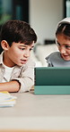 Children, talking and reading with tablet at house for education, studying and exam preparation. Kids, digital and headphones for e learning, school homework and quiz assignment for knowledge in home