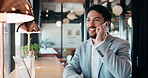 Phone call, laptop and businessman in cafe with communication, feedback or finance negotiation. Coffee shop, happy and financial advisor on mobile discussion for investment update with remote work.
