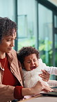 Crying, laptop and mom with baby for remote work done with tasks, project and copywriting in home. Family, wfh and woman with car for child on computer for multitasking, productivity and career