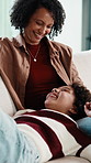 Mother, child and relax in living room with conversation, bonding together and laugh for funny gossip. Happy, mom and daughter in home with discussion, joke and family connection on weekend break.