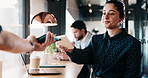 Woman, phone and payment with remote work at coffee shop with laptop, pos and paperless transaction. Person, computer and freelance job with thanks, tap machine and fintech app with drink at cafe
