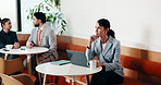 Woman, thinking and remote work in cafe with laptop, brand awareness campaign or email marketing idea. Freelancer, mature person and problem solving in coffee shop with computer, advertising or plan.