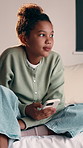 Thinking, kid and relax with phone on bed for vision, dreaming and ideas for social media post. Thoughts, child and mobile with reflection, planning weekend and decision for message response at house