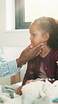 Hands, checkup and healthcare for child in home, pediatrician or examination for swollen lymph nodes. House, visit and consultation for flu symptoms, kid and doctor appointment for medical diagnosis